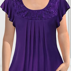 Contrast Lace Crew Neck Blouse, Elegant Solid Pleated Short Sleeve Blouse For , Women’s Clothing Blouses Shop Online at Dubai Trades