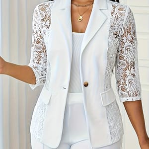 Contrast Lace Open Front Blazer Casual 3/4 Sleeve Blazer For Spring & Fall, Women’s Clothing Clothing Shop Online at Dubai Trades