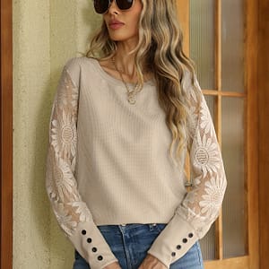 Contrast Lace Splicing Crew Neck T-shirt, Elegant Long Sleeve Top For Spring & Fall, Women’s Clothing Clothing Shop Online at Dubai Trades