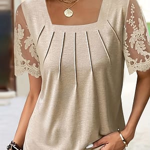 Contrast Lace Square Neck T-shirt, Elegant Short Sleeve T-shirt For , Women’s Clothing Clothing Shop Online at Dubai Trades