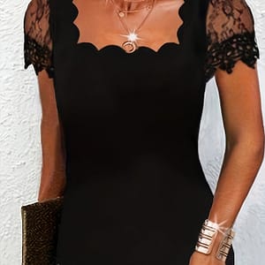 Contrast Lace Square Neck T-shirt, Elegant Short Sleeve T-shirt For , Women’s Clothing Clothing Shop Online at Dubai Trades