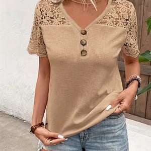 Contrast Lace V Neck T-shirt, Casual Short Sleeve T-shirt For , Women’s Clothing Clothing Shop Online at Dubai Trades