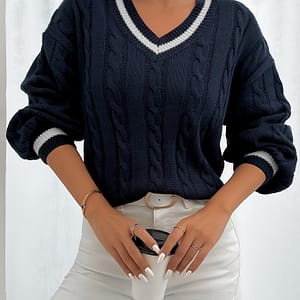 Contrast Trim Cable Knit Sweater, Elegant V Neck Lantern Sleeve Sweater For Fall & Winter, Women’s Clothing Clothing Shop Online at Dubai Trades