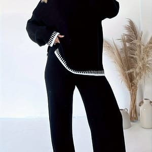 Contrast Trim Casual Knitted Pantsuits, Long Sleeve Crew Neck Drop Shoulder Sweater & High Waist Pants Outfits, Women’s Clothing Clothing Shop Online at Dubai Trades