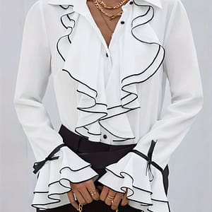 Contrast Trim Ruffle Trim Blouse, Elegant Single-breasted Flare Sleeve Blouse For Spring & Fall, Women’s Clothing Blouses Shop Online at Dubai Trades