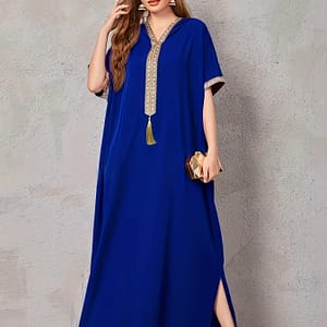 Contrast Trim V-neck Kaftan Dress, Elegant Batwing Sleeve Split Hem Loose Fit Dress, Women’s Clothing Abayas Shop Online at Dubai Trades
