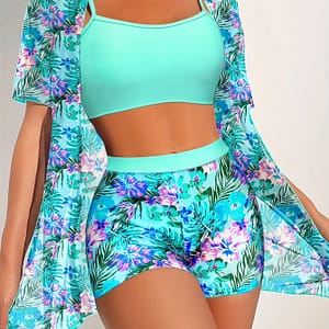 Cozok Women’s Tropical Print 3pcs Swimsuit Set With High-waist Bottoms & Sun Protection Cover-up – Stretchy, Knit Fabric Clothing Shop Online at Dubai Trades