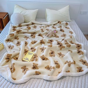 Cozy Double-layered Teddy Bear Plush Throw Blanket – Fleece, , Hypoallergenic, Machine Washable, White With Adorable Brown Bear Pattern, Sofa, Bed, Or Bedding Shop Online at Dubai Trades