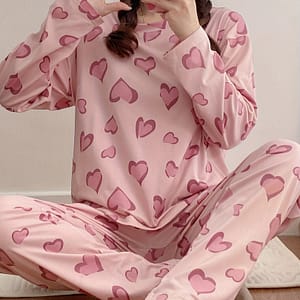 Cozy Heart Pattern Women’s Pajama Set – Long Sleeve & Pants, Polyester , Spring/fall Clothing Shop Online at Dubai Trades