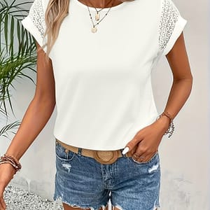Crew Neck Lace Top, Solid Casual Top For Summer & Spring, Women’s Clothing Clothing Shop Online at Dubai Trades