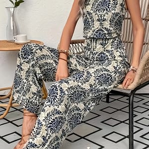 Damask Print Crew Neck Jumpsuit, Stylish Sleeveless High Waist Wide Leg Jumpsuit, Women’s Clothing Clothing Shop Online at Dubai Trades