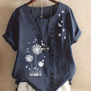 Dandelion Print Button Decor T-shirt, Casual Crew Neck Short Sleeve T-shirt For , Women’s Clothing Clothing Shop Online at Dubai Trades