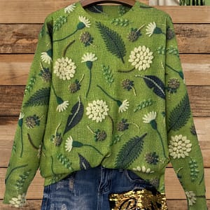 Dandelion Print Thin Sweater, Casual Crew Neck Long Sleeve Sweater For Spring & Fall, Women’s Clothing Clothing Shop Online at Dubai Trades