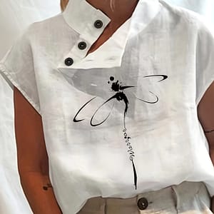 Dragonfly Print Button Front Blouse, Elegant Short Sleeve Mock Neck Blouse, Women’s Clothing Blouses Shop Online at Dubai Trades