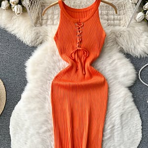 Drawstring Ribbed Dress, Sexy Solid Crew Neck Sleeveless , Women’s Clothing Clothing Shop Online at Dubai Trades