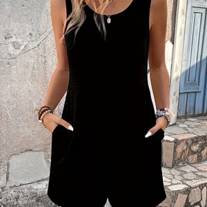 Dual Pockets Backless Romper Jumpsuit, Casual Crew Neck Sleeveless Solid Color Romper Jumpsuit, Women’s Clothing Clothing Shop Online at Dubai Trades