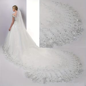 Elegant 4m+1.7m Long Bridal Wedding Veil With Sequin Lace Detail – Luxurious Polyester, Hand-washable, Fits Women 1.7+” Accessories Shop Online at Dubai Trades 2