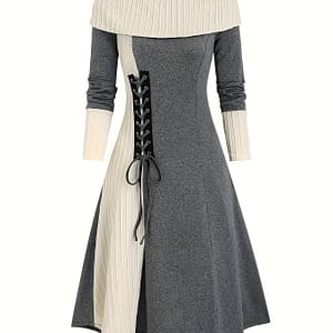 Elegant A-line Midi Dress For Women – Vintage-inspired Off-shoulder Long Sleeve With -up Detail, Stretchy Polyester, Machine Washable – Clothing Shop Online at Dubai Trades