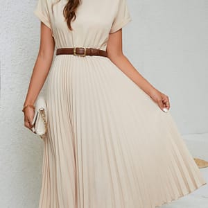 Elegant Beige Pleated Midi Dress For Women – Short Sleeve, Round Neck, A-line Silhouette With Belt Detail, Spring/summer/fall, Clothing Shop Online at Dubai Trades