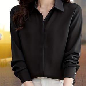 Elegant Black Long Sleeve Shirt For Women – Solid Color, Spring/summer/fall, Polyester, Non-stretch Fabric Button-Down Shirts Shop Online at Dubai Trades