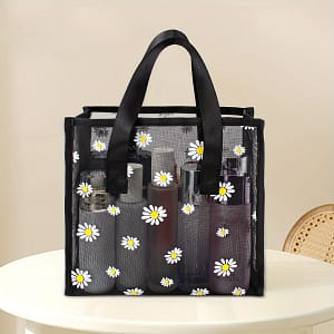 Elegant Black Mesh Tote Bag With White Daisies – Perfect For Cosmetics And Personal Care Items Bags & Cases Shop Online at Dubai Trades