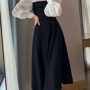 Elegant Black Organza A-line Dress For Women – Chic Long Sleeve With French-inspired Square Neckline, Vintage Mesh Detail, Events Clothing Shop Online at Dubai Trades