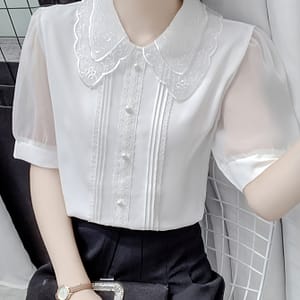 Elegant Blouse With Lace Collar – Short Sleeve, Non-sheer Polyester Top For Women Blouses Shop Online at Dubai Trades