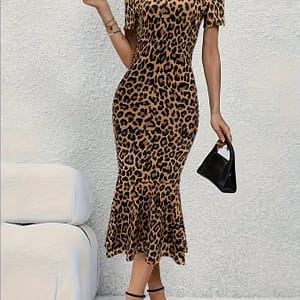 Elegant Blue And White Leopard Print Dress With Mermaid Hem – Short Sleeve, Crew Neck, Stretchy Polyester , Non-transparent – Summer Events Clothing Shop Online at Dubai Trades