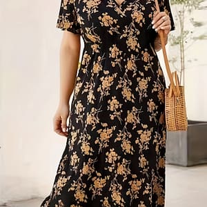 Elegant Blue Floral Midi Dress With Sleeves – Chic Surplice Neck, Lightweight Polyester , Machine Washable – Style For Women, Elegant Long Sleeve Dress Clothing Shop Online at Dubai Trades