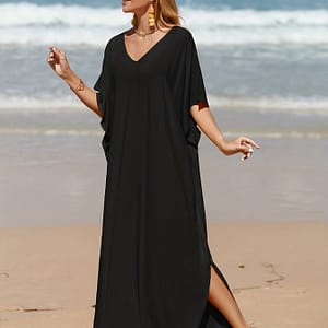 Elegant Bohemian White Beach Kaftan Dress – V-neck, Loose Fit, Batwing Sleeves With Side Slit, Lightweight Viscose, Bikini Cover-up Clothing Shop Online at Dubai Trades