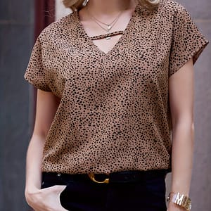 Elegant Dalmatian Spot V-neck Blouse For Women – Lightweight Polyester, Short Sleeve, Machine Washable Summer Top Blouses Shop Online at Dubai Trades
