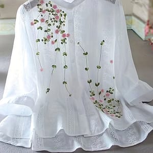Elegant Floral Blouse For Women – With , Round Neck, Cuffs, , Spring Wardrobe Essential | Feminine Style Blouse | Intricate Embroidery, Ladies Blouses Blouses Shop Online at Dubai Trades