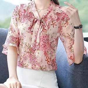 Elegant Floral Chiffon Blouse With Ruffle V-neck – Slimming Summer Top For Women, Machine Washable Blouses Shop Online at Dubai Trades