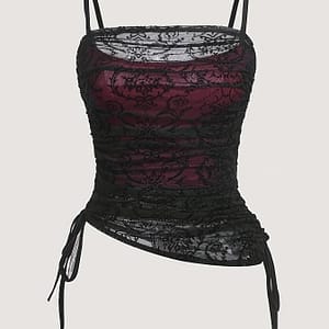 Elegant Floral Lace Corset Top With Adjustable Drawstring & Mesh Overlay – Women’s Sleeveless Bustier Cami In Black & Burgundy, Spring/summer/fall Clothing Shop Online at Dubai Trades