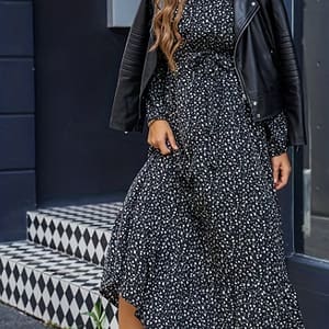 Elegant Floral Maxi Dress With Belt – Crew Neck, Long Sleeves, Polyester, Machine Washable – Chic For Women Clothing Shop Online at Dubai Trades