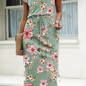 Elegant Floral Midi Dress For Women – Lightweight Polyester, Crew Neck, Short Sleeves With Tie Waist Detail, Spring/summer/fall Events, Floral Print Dress Clothing Shop Online at Dubai Trades