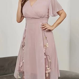 Elegant Floral Midi Dress For Women – V-neck, Sleeves, Cinched Waist, Machine Washable, Polyester , Occasion Dress | Sleeve Dress | Detailing, Cute Dresses Clothing Shop Online at Dubai Trades