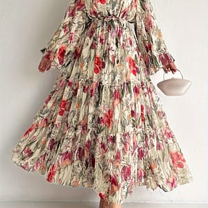 Elegant Floral Print Long Sleeve Kaftan Dress – Casual Polyester Maxi With Tie-waist Detail, Machine Washable – Abayas Shop Online at Dubai Trades