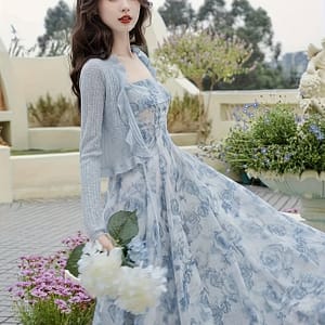Elegant Floral Print Strap Dress Set, Long Sleeve Ruffle Trim Open Front Ribbed Cardigan & Square Neck Sleeveless A-line Dress Outfits, Women’s Clothing Clothing Shop Online at Dubai Trades
