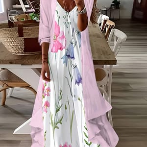 Elegant Floral Print V-neck Dress Set With Light Pink Kimono Sleeve Cover-up, 100% Polyester, Spring/autumn Vacations – Machine Washable Clothing Shop Online at Dubai Trades