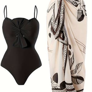 Elegant French-inspired Two-piece Swimsuit Set With Bow Detail – V-neck, High Stretch, Removable Pads, Solid Color – Women’s Fashion Clothing Shop Online at Dubai Trades