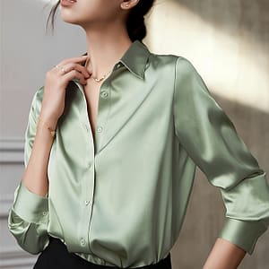 Elegant Green Satin Long Sleeve Button-up Shirt For Women – Professional Collared Blouse, Smooth Polyester Fabric, Office Or Formal , Office Blouse | Shirt | Sophisticated Weave Blouses Shop Online at Dubai Trades