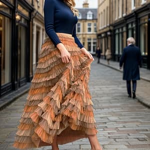 Elegant High-waist A-line Midi Skirt For Women, Tri-color Gradient Mesh Overlay, Polyester And Spandex, Machine Washable Clothing Shop Online at Dubai Trades