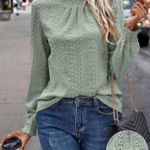 Elegant Lace-trim Turtleneck Blouse For Women – Long Sleeve, Stretchy Polyester & Spandex , Machine Washable – Spring/fall Clothing Shop Online at Dubai Trades