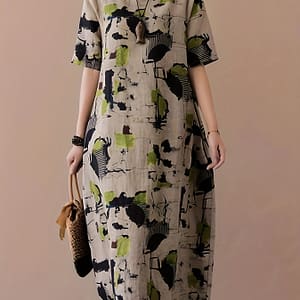 Elegant Linen Midi Dress With Vibrant Abstract Print – Casual Yet Chic, Short Sleeve, Round Neck, Machine Washable, No Stretch – Spring/summer/fall Events Clothing Shop Online at Dubai Trades