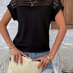 Elegant Maroon Lace-trimmed Batwing Sleeve T-shirt – V-neck, Short Sleeve, Polyester, Machine Washable – Chic For Women Clothing Shop Online at Dubai Trades