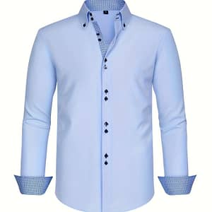 Elegant Men’ Blue Dress Shirt – Spring/autumn Formal Wear, Double-breasted With Stretch, Comfortable & Breathable Polyester Blend, Classic Contrast Cuff Design Clothing Shop Online at Dubai Trades
