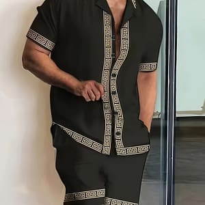 Elegant Men’s 2pcs Outfits, Casual Lapel Button Up Short Sleeve Shirts Hawaiian Shirt And Drawstring Shorts Set For Summer, Men’s Clothing Active Shop Online at Dubai Trades