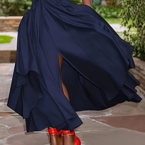 Elegant Navy Blue Maxi Skirt With Tie Waist – Flowy A-, High-quality Polyester, Machine Washable, Spring & Fall, Women’s Fashion Clothing Shop Online at Dubai Trades