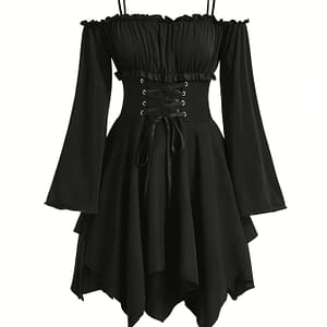 Elegant Off-shoulder Gothic Dress With Ruffle Hem And Asymmetrical High Waist – Solid Color, Long Sleeve, Polyester – Spring/summer/fall Clothing Shop Online at Dubai Trades
